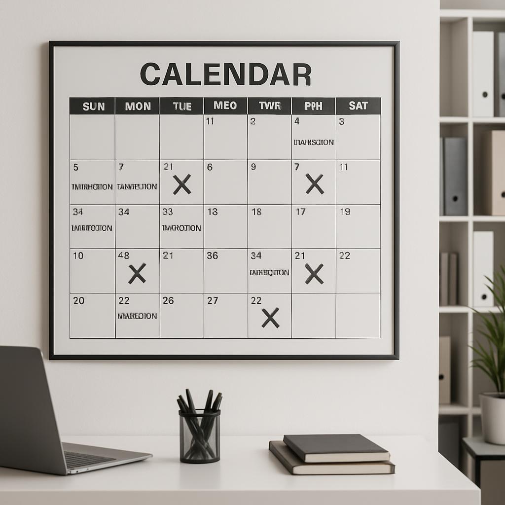 Calendar on the wall above an office desk. There is a framed calendar hanging on the wall above a desk. The desk has a lap...