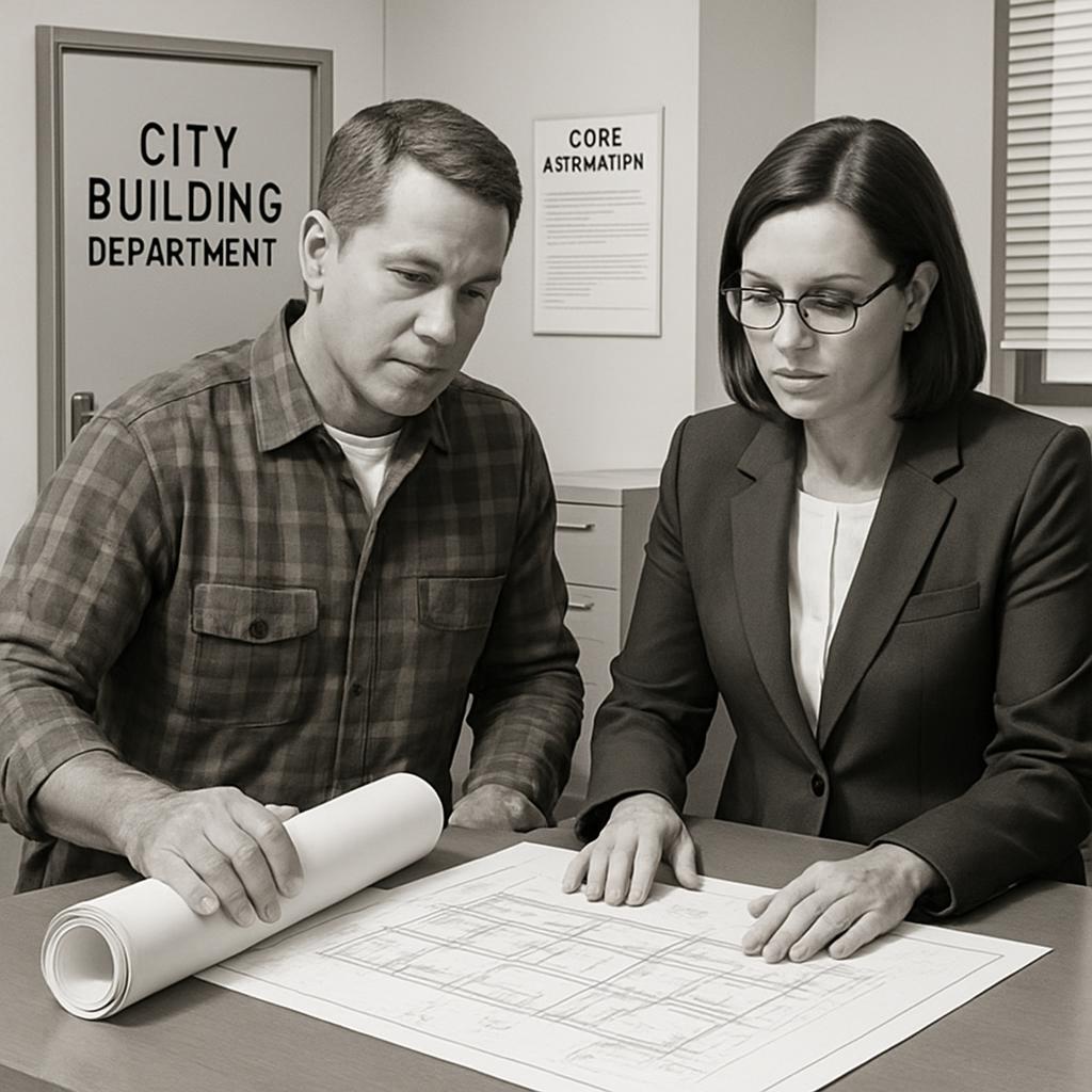 Two people, likely discussing building plans, sit at a table in an office-like setting. The man on the left wears a plaid ...