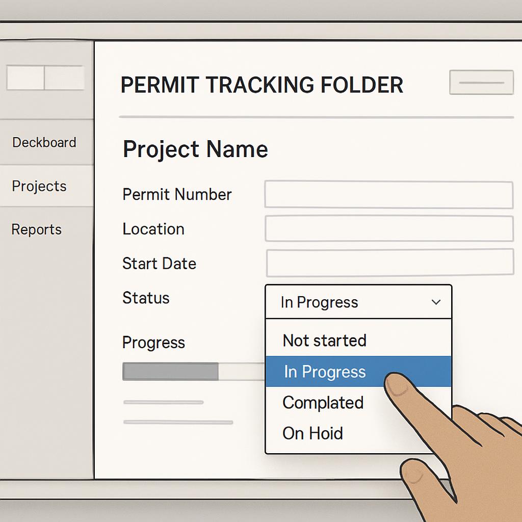 Permit tracking folder, digital file management, software screenshot, webpage design.